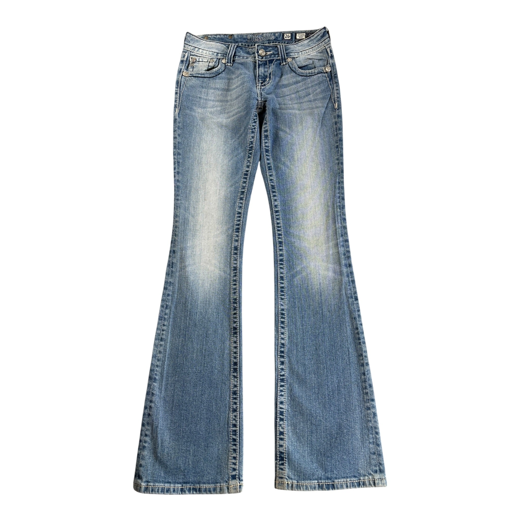 Vintage Washed Miss Me Jeans with Rhinestones Bootcut Super Lowrise (26/S)