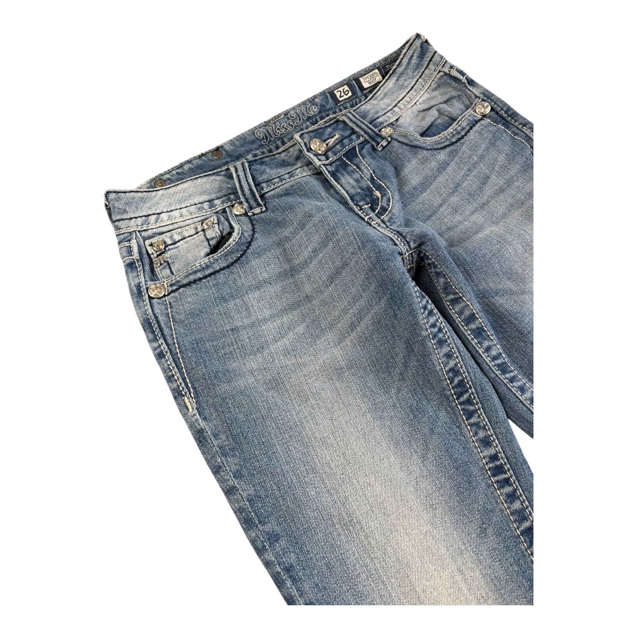 Vintage Washed Miss Me Jeans with Rhinestones Bootcut Super Lowrise (26/S)