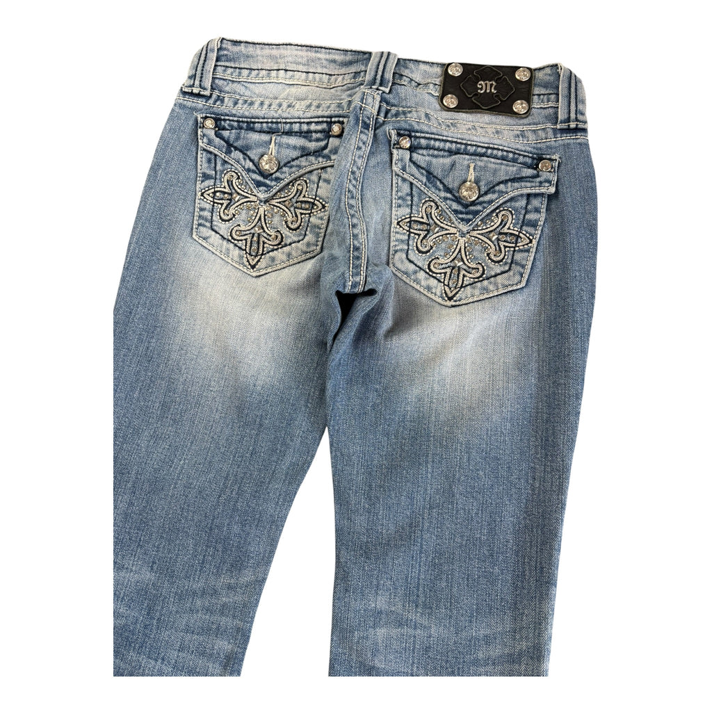 Vintage Washed Miss Me Jeans with Rhinestones Bootcut Super Lowrise (26/S)