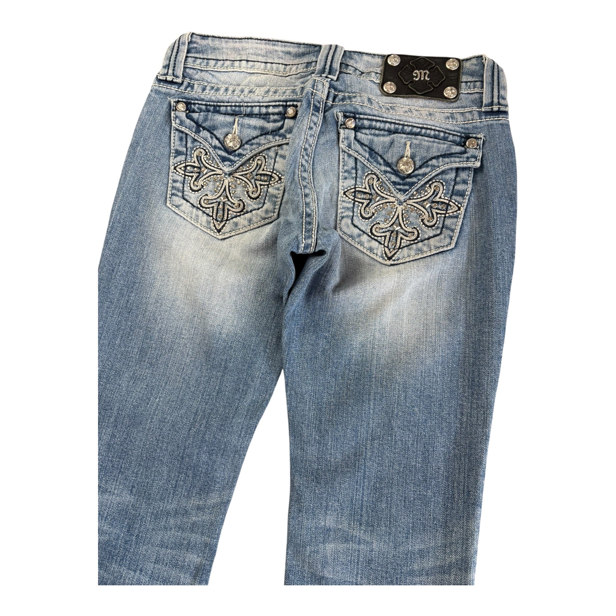 Vintage Washed Miss Me Jeans with Rhinestones Bootcut Super Lowrise (26/S)